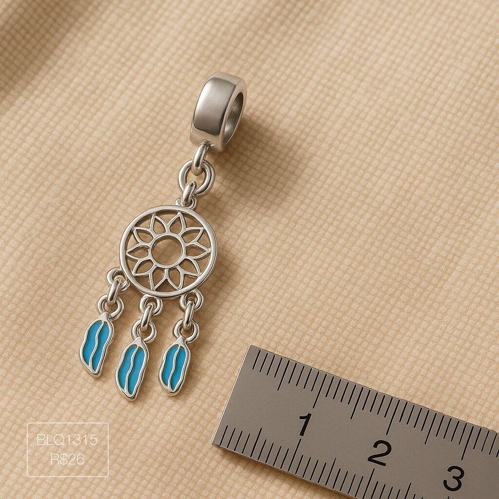 Berloque Filtro dos Sonhos Azul Pendurado Esmaltado Prateado